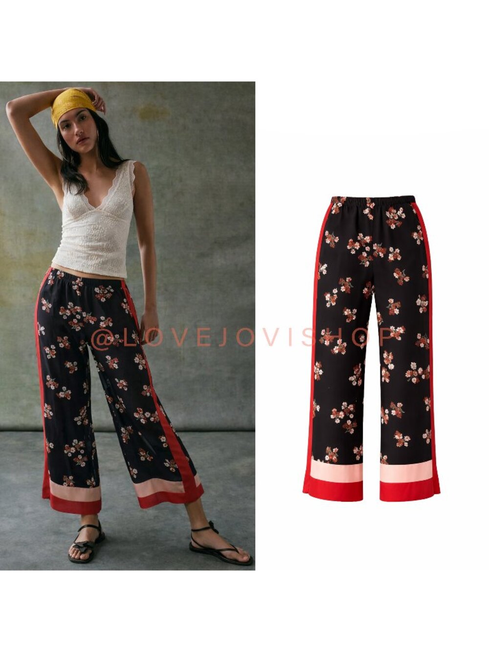 Anthropologie Black Floral Wide-Leg Capris with Red Trim